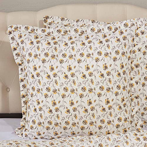 Piper Classics Morning Meadow Floral Euro Sham, 26 x 26, Mustard and Yellow Printed Flowers on Off White w/Flange Edge, Farmhouse, Country Cottage, Vintage Bedding