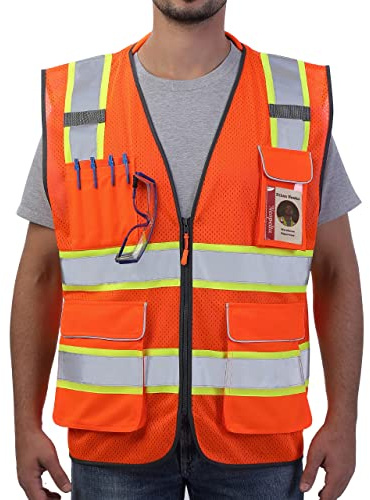 Neopelta Reflective Safety Vest Orange Mesh, High Visibility Vest with Pockets and Zipper, Padded Neck, Construction Work Vest ANSI Class 2, Orange with Yellow Trim 3X
