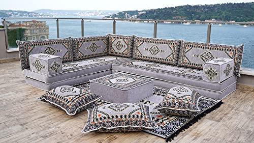 Graues L-förmiges arabisches Sofa-Set, Bodencouch, modulare Sofas, arabische Majlis, türkischer Teppich, Couchbezüge für 3 Personen, Schlafsofa, Poufs, Sofa quadratisch (L Sofa + Teppich)