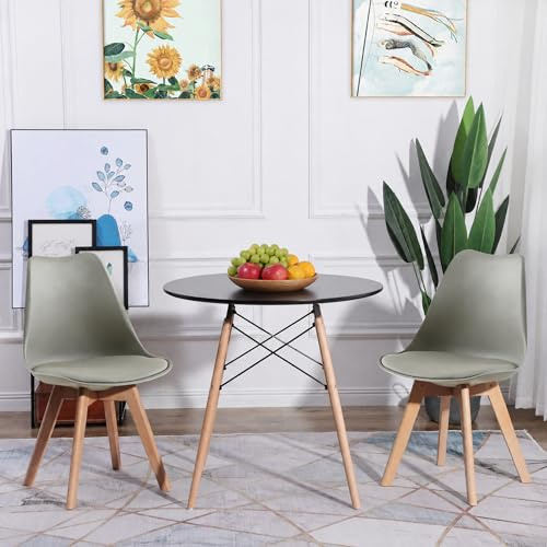 H.J WeDoo Tisch und Stühle Set, Essgruppe Schwarz Tisch mit 2 Grauer Stühlen für Esszimmer Küche Wohnzimmer | Essgruppen Runder Küchentisch, Moderner Design, Massivholzbeine, für Balkon Küche Wohnzimmer Büro, 2 Grauer Stühle