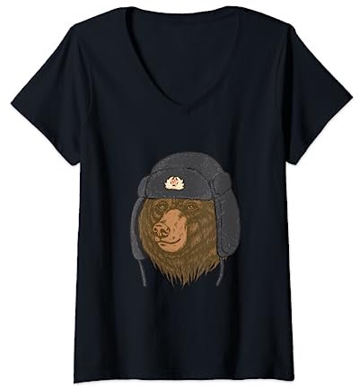 Damen Russischer Bär Fellmütze - Uschanka Tschapka UdSSR Russia T-Shirt mit V-Ausschnitt