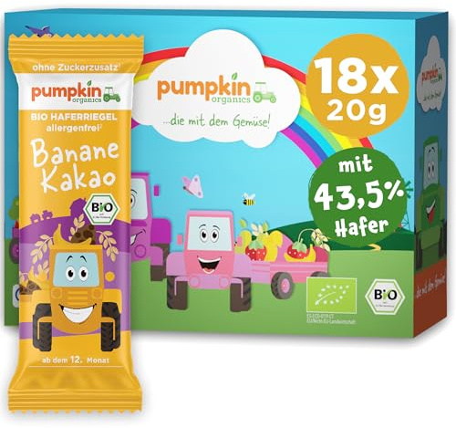 Pumpkin Organics Bio Haferriegel ohne Zuckerzusatz¹, Babys und Kinder, 18x | 18 Bio Haferriegel Banane Kakao, ohne Zuckerzusatz¹, weniger Fruchtzucker, allergenfrei² und glutenfrei³, ab 12 Monaten