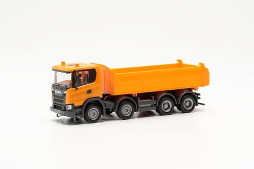 herpa LKW Modell Scania XT17 Meiler 4-achsiger Dreiseitenkipper, Miniatur im Maßstab 1:87, Sammlerstück, Made in Germany, Kunststoff, Orange