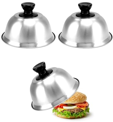 QWORK Stainless Steel 6 Burger Covers, 3 Pack - Melting Dome for Even Cooking & Juice Lock-in - WD31287