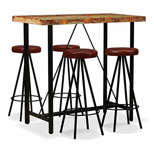 ZEYUAN 5-TLG. Bar-Set, Bartisch Mit Barhocker Set, Bartische & -theken, Bartheke Küche, Bartisch Set, Küchentresen, Bartisch Mit Barhocker, Altholz Massiv und Echtleder