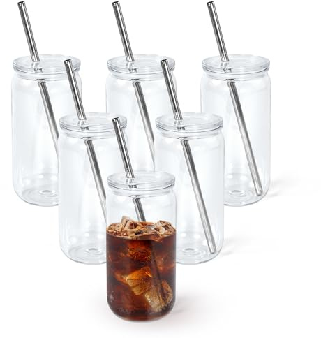 Icesip 16oz Acrylic Mason Jar Cups, Clear Cups with Plastic Lids and Straws, Iced Coffee Cup Drinking Glass Tumbler for Whiskey, Soda, Tea, Juice, Gift, 6pcs