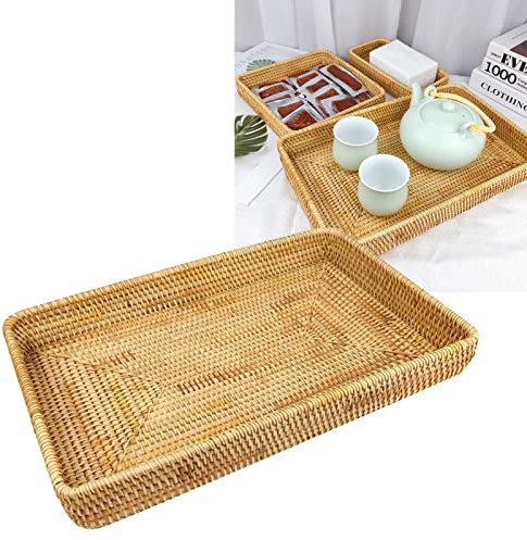 Rattan-Tablettablett, Handgewebtes Rattan-Tablett, Tisch-Organisation, Snack-Aufbewahrungskorb, Multifunktionales Serviertablett für Wohnzimmer, Esszimmer, Balkon (L)