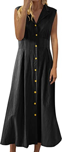 LOIJMK Abito da donna in cotone e lino, senza maniche, con bottoni, per il tempo libero, stile bohémien, Nero , XL