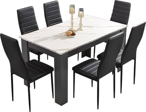 Dining Table and 6 Chairs Set, Dining Table Set, Dining Room Chairs and 18mm Thick Table Top 140 x 80 cm Long Wooden Dining Table for Home Kitchen Furniture