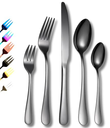 30 Piece Cutlery Set in Black Colour Service for 6, High-Grade Mirror Finish Tableware, Stainless Steel Flatware Serving Set, Dishwasher Safe Forks, Knives, & Spoons, Easy Clean