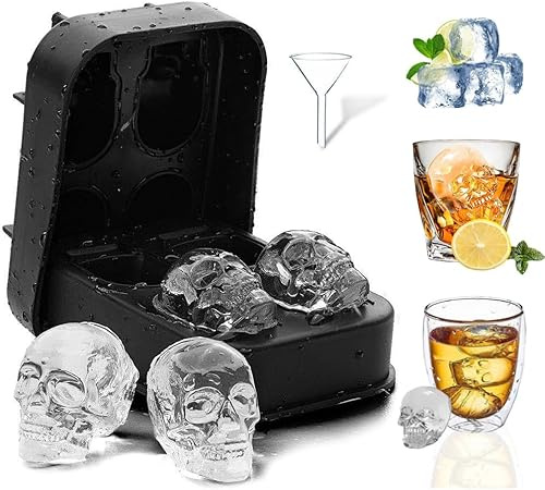 3D Totenkopf Silikon Eiswürfel FaJoek 4 Gitter Silikon Eiswürfelform, 3D Totenkopf Eiswürfelformen Eisformen 3D Schädel Model, für Gekühlte Getränke, Whisky und Cocktails (3D Skull)