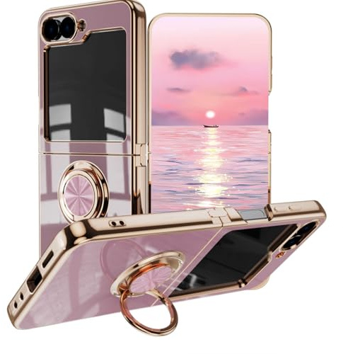 BORYA Funda para Samsung Galaxy Z Flip6(Flip 6), Ultradelgado Suave Silicona Carcasa TPU Bumper Antigolpes Estuche, Galvanoplastia Phnom Penh 360°Anillo Soporte Caso, Púrpura