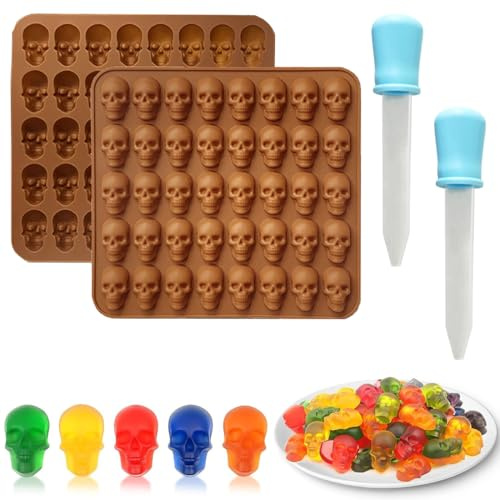 EIHI 2 Packung Schädel Silikonform Mini Totenkopf Schokoladenform mit 80 Vertiefungen Halloween Form mit 2 Pipette für Schokolade Süßigkeiten Gelee