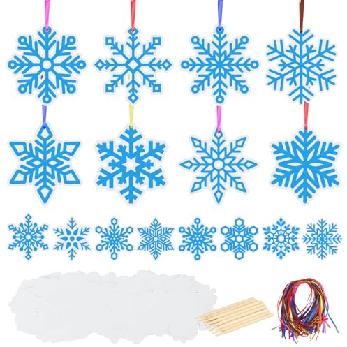 MONCAP 48 Stück Schneeflocken Kratzpapier Winter Kratzbilder Kinder Regenbogen Scratch Art Schneeflocken Kreativ DIY mit Holzstiften Bändern für Weihnachten Winter Deko Party Mitgebsel Geburtstag