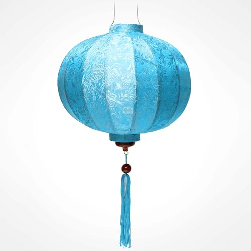 Asiatischer Lampion aus Seide, hellblau, R, Durchmesser 33 cm – traditionelle Laterne aus Stoff, Bambus und Holz, handgefertigt – Dekoration und Handwerk aus Vietnam (R20-BLC)