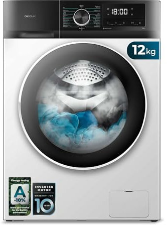 Cecotec Lavadora 12Kg Carga Frontal Bolero DressCode 12500 Inverter. 1400rpm, 16 Programas, Clase A-20%, Bajo Consumo, Motor Inverter Plus, Vapor, Pearl Drum, Delay Start, Drum Clean y Stop&Go
