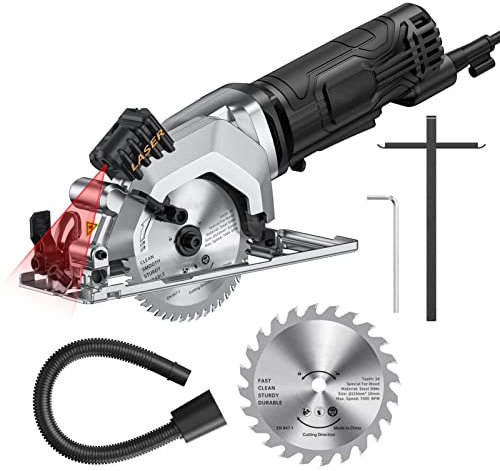 ACAGALA Mini Kreissäge, 4,8 Ampere, 4-1/2 Zoll, kompakte Kreissäge, 3700 U/min, elektrische Kreissägen mit Schnittführung für Holz, Fliesen und Kunststoffschnitte, Grau, EU