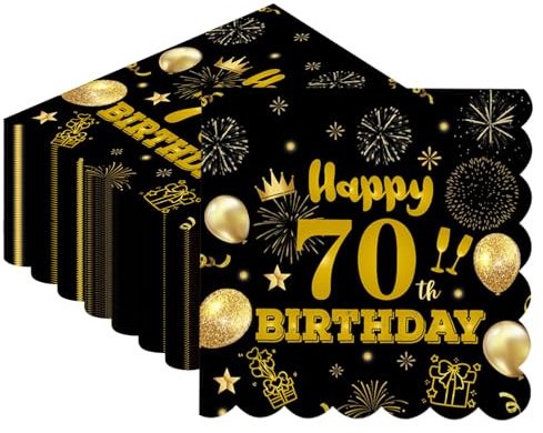 40 Stück 70. Geburtstag Papier Servietten, 33×33cm Einweg Schwarz und Gold Scalloped Dessert Cocktail Servietten für Hochzeit Jahrestag Empfang Veranstaltung Dekorationen