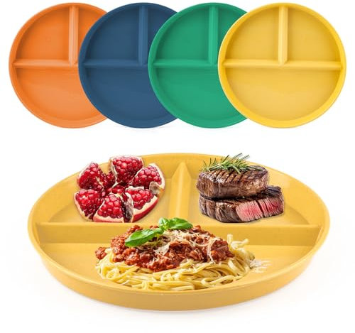 Divided Dinner Plates Set of 4, 8.6 Inch Portion Control Divided Plates, Diet Plate, Unbreakable Reusable Deep Picnic Plate Dishes for Adults Food Dessert, Microwave Safe