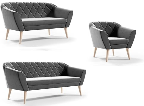 Sofello Couchgarnitur Gloria Wohnzimmerset 3+2+1 Sitzer Samt Hohe Holzfüße Buche (Riviera 91 grau)