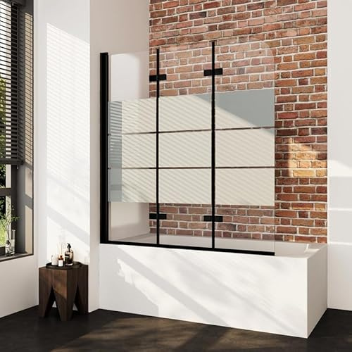 Duschwand für Badewanne 120x140cm 3-Teilig Faltbar Gestreift Badewannenaufsatz, Duschabtrennung 180° Faltwand mit 6mm ESG Glas, Badewanne Duschtrennwand aus Schwarz Alu