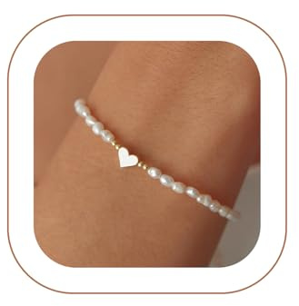 VIROMY Perlen Armband Damen 14K Gold Plattiert Zierliche Perle Herz Armbänder für Frauen Minimalistischen Schmuck für Sie