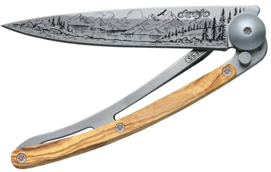 deejo – Klappbares Taschenmesser 27 g mit Gürtelclip – Griff aus Olivenholz, Klinge aus Edelstahl Z40C13 – Motiv Berg – Tischmesser, Wandern, Camping, Outdoor