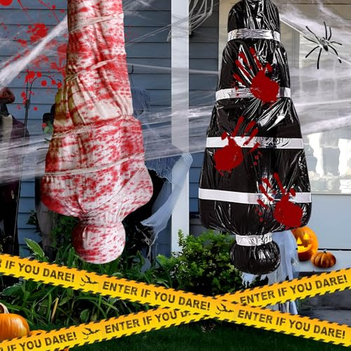 Own1one 2 Ensembles Decoration Halloween Exterieur Kit Complet - 2 Cadavres Gonflables à Suspendre, Drap et Sac Mortuaire, Toile d'Araignée Géante, Araignées et Bande Scène de Crime