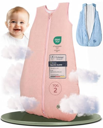 KUNU® Baby Schlafsack 2 Tog - 60cm weicher Bio Musselin Schlafsack Baby bis ca. 3 Monate - Hautfreundlicher Babyschlafsack Neugeborene für das ganze Jahr - Pflegeleichter Ganzjahresschlafsack