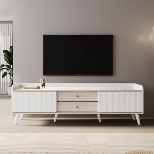 Temdlerpp Meuble TV - Banc TV 160 cm avec 2 tiroir 2 Portes coulissantes rayées - Pièds en Bois Massif - Désign Industriel - Blanc + Beige