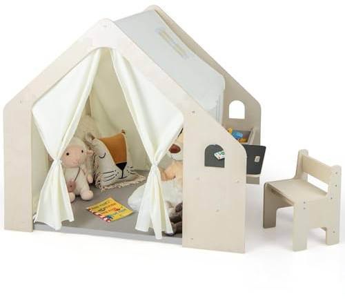 DREAMADE Kinderzelt für Drinnen mit Matte und Kindertisch & Stuhl Set und Aufbewahtungsbox, Spielzelt Kinderspielhaus, Indoor Spielhaus aus Holz für Kinder ab 2 Jahren (Klein mit 1 Box)