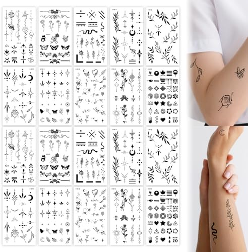 Temporary Tattoos, 20 Sheets Finger Tattoo Stickers Fake Tattoos Tiny Tattoo Stickers Black Flowers Wild Plant Butterfly Fake Tattoos for Adults Men Women Neck Arm Hands Makeup Accessories Decorations