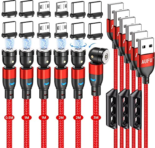 AUFU Magnet Ladekabel, Magnetisches Ladekabel [6Stück, 0.5m 1m 1m 2m 2m 3m], USB C Magnet Kabel 360° und 180° Drehbar kabel Magnetisch mit Micro USB/Type C für Smartphone (Rot)