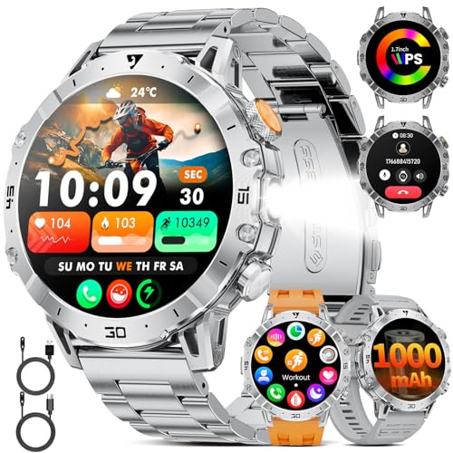 SUNKTA Smartwatch Herren 1000 mAh großer Akku 1,7″ HD Bluetooth Anrufe Männer Smartwatch für iOS Android mit LED Taschenlampe,Herzfrequenz/Schlafmonitor/Schrittzähler,3 Armbänder,2 Ladegeräte,Silber