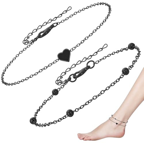 CHAOTEMAI 1 Bracelet Cheville Femme + 1 Bracelet de Cheville Femme Forme Cœur Chaine Noir Bijoux Classique Polyvalent Personnalisé pour Usage Quotidien Rendez-Vous Fêtes Vacances Mariages