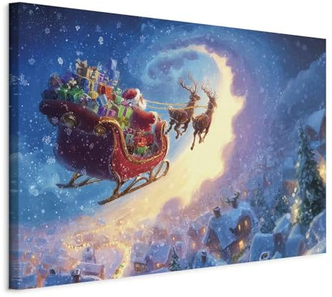 decomonkey Wandbilder Weihnachtsmann auf Schlitten 60 x 40 cm 1 Teilig | Strukturleinwand, Holzkeilrahmen, Leinwandbilder, Bild auf Leinwand, Kunstdruck, WandWand, Wohnzimmer, Wanddekoration