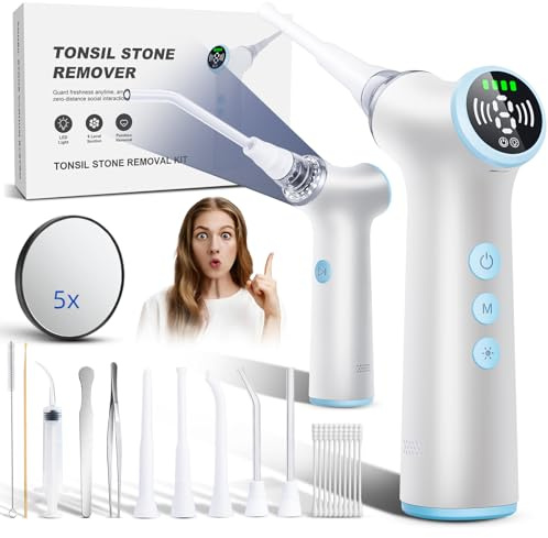 Elektrischer Tonsillenstein Entferner mit Vakuum – 8 Saugstufen, LED-Licht & Sicherheits-Pause | Präzises Set zum Mandelsteine entfernen mit 13 Aufsätzen (Tonsil Stone Remover)