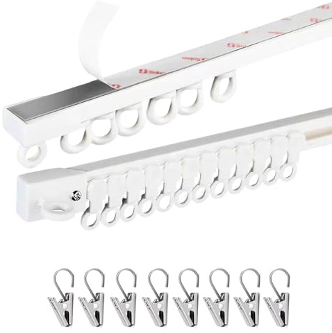 Selbstklebende Vorhangschiene Für Decke Oder Wand, Ohne Bohren, 0.4-6 m Raumteiler Gardinenschiene, Für Erkerfenster, Badezimmer, Sanftes Gleiten Der Rollen(Weiß Wandbefestigung,0.9m)