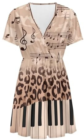 Binienty Abito da donna con scollo a V a maniche corte, vestibilità ampia, stile impero, Leopardo per pianoforte, XL