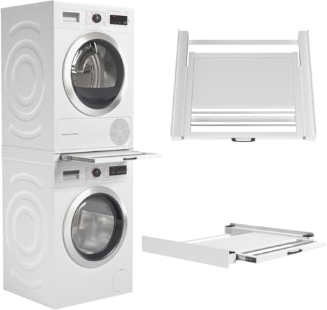 Wasophoogte Secadora de lavadora con plataforma y tendedero – Kit de apilamiento para lavadora y secadora – Marco intermedio universal, apto para cualquier marca. Color: Blanco, Durable y ahorro de