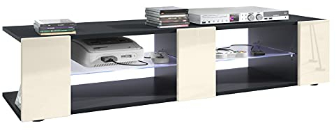Vladon Lowboard Movie V2, TV-Kommode mit 6 offenen Fächern und Zierleisten, Schwarz matt/Creme Hochglanz, inkl. LED-Beleuchtung weiß (134 x 29 x 39 cm)