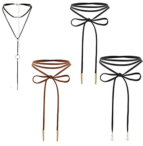 Cupimatch Damen Choker Halskette Set Vintage Leder Schwarz Acryl Spitze Kette Stretch Enstellbar Kragen Quaste Anhänger Halsband Geschenke für Frauen