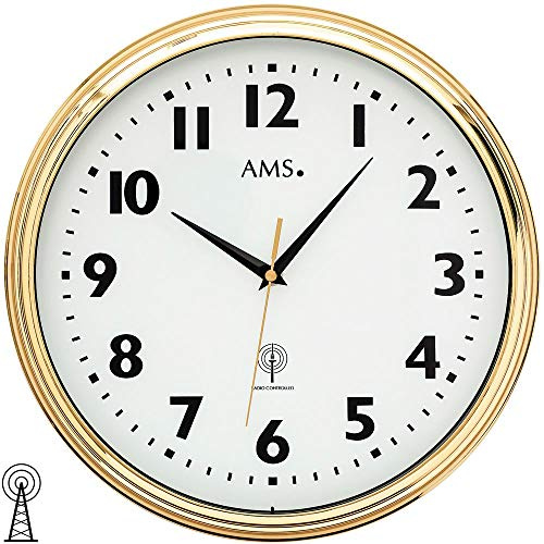 AMS 5963 Wanduhr Funk Funkwanduhr Analog Messing Farben Golden Rund mit Glas
