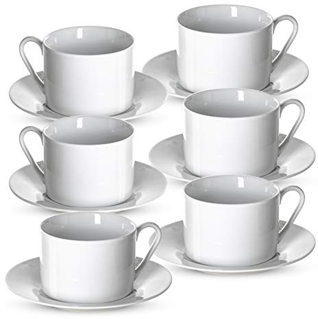 Klikel Juego de Tazas de té y platillos | Juego de 12 Tazas de café Blancas | 5.5 Platos y 7.5 oz Tazas | Juego de Tazas y platillos para café Latte café Mocha Cappuccino Espresso Bar