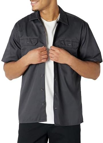 Amazon Essentials Herren Fleckenresistentes und knitterfestes Arbeitshemd mit kurzen Ärmeln, Grau, L