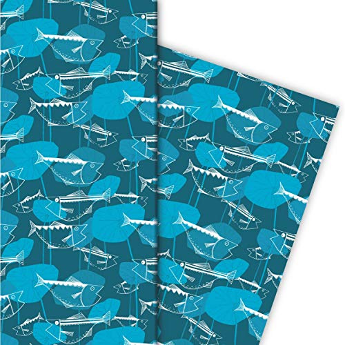 Kartenkaufrausch Retro Angler Geschenkpapier Set 4 Bogen, der 70er mit Fischen, petrol, für tolle Geschenk Verpackung 32 x 48cm, zu Ostern Weihnachten Geburtstag, universal Geschenkpapier