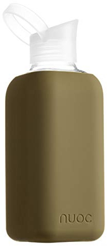 NUOC Botella de agua cristal, Botella de agua reutilizable, Botella de cristal con funda de silicona, bebidas Frías y Calientes, sin BPA (Verde Kaki, 800 ml)
