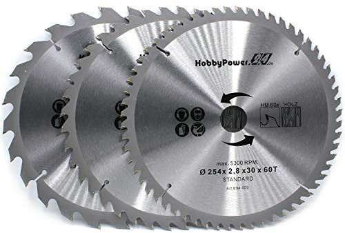 3 Kreissägeblätter 254x30mm 24, 40 und 60 Zähne + 3 Reduzierringe je Sägeblatt auf 24,4mm, 20mm und 16mm Universal Sägeblatt für Holz Tischkreissäge Kappsäge Gehrungssäge