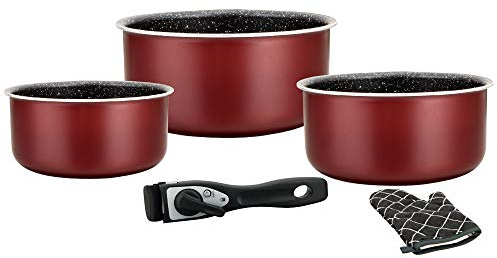 Herzberg - Batería de Cocina - Set de Ollas Inducción 5 Piezas - Sartenes y Ollas Todo Tipo de Fuegos en Aluminio Forjado con Revestimiento de Mármol y Mango Desmontable - Burdeos