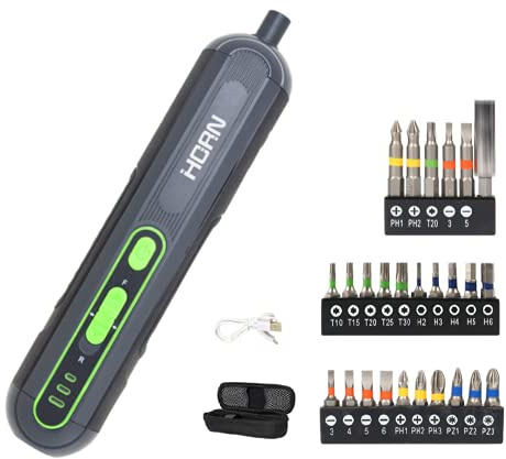 Juego de destornillador eléctrico pequeño inalámbrico 4V recargable, 5N · M, par de torsión ajustable, luz de trabajo, con 25 accesorios de destornillador, bolsa de transporte